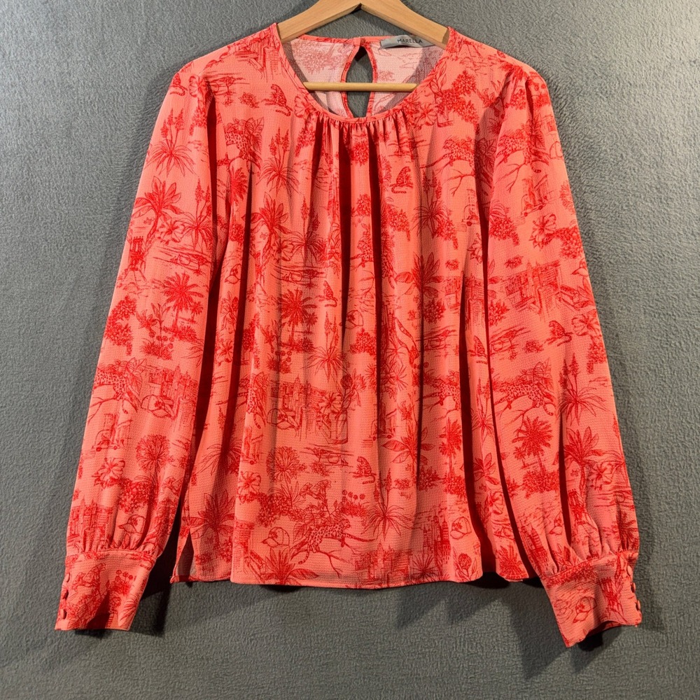 Marella Womens Coral Tropical Toile Leopard Print Blouse Size 6 IT 42 311106012
